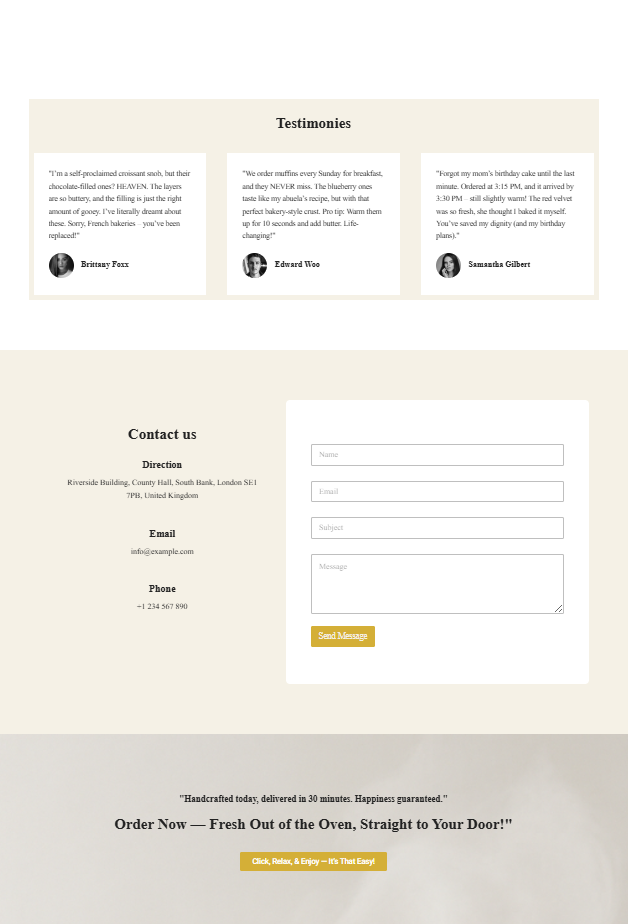 Bakery landing page built with WordPress Elementor showing full layout with sections, testimonials and call to action