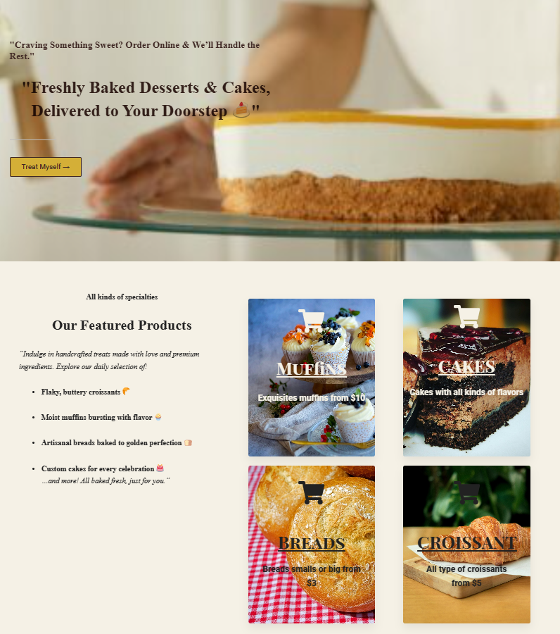 Landing page for a local bakery showing hero section and featured products with prices and images